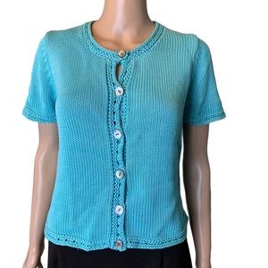 L.L. Bean Cotton Knit Crochet Sweater Short Sleeves Button Down Small